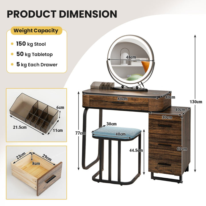 Vanity Table and Stool Set with 3 Color Touch Screen Lighted Swivel Mirror - TidySpaces