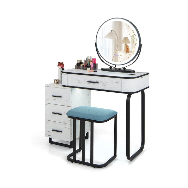 Vanity Table and Stool Set with 3 Color Touch Screen Lighted Swivel Mirror - TidySpaces