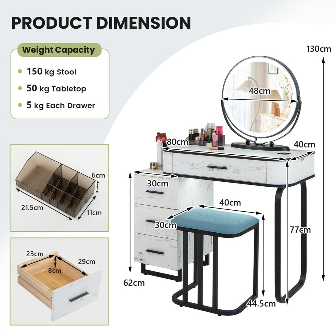 Vanity Table and Stool Set with 3 Color Touch Screen Lighted Swivel Mirror - TidySpaces