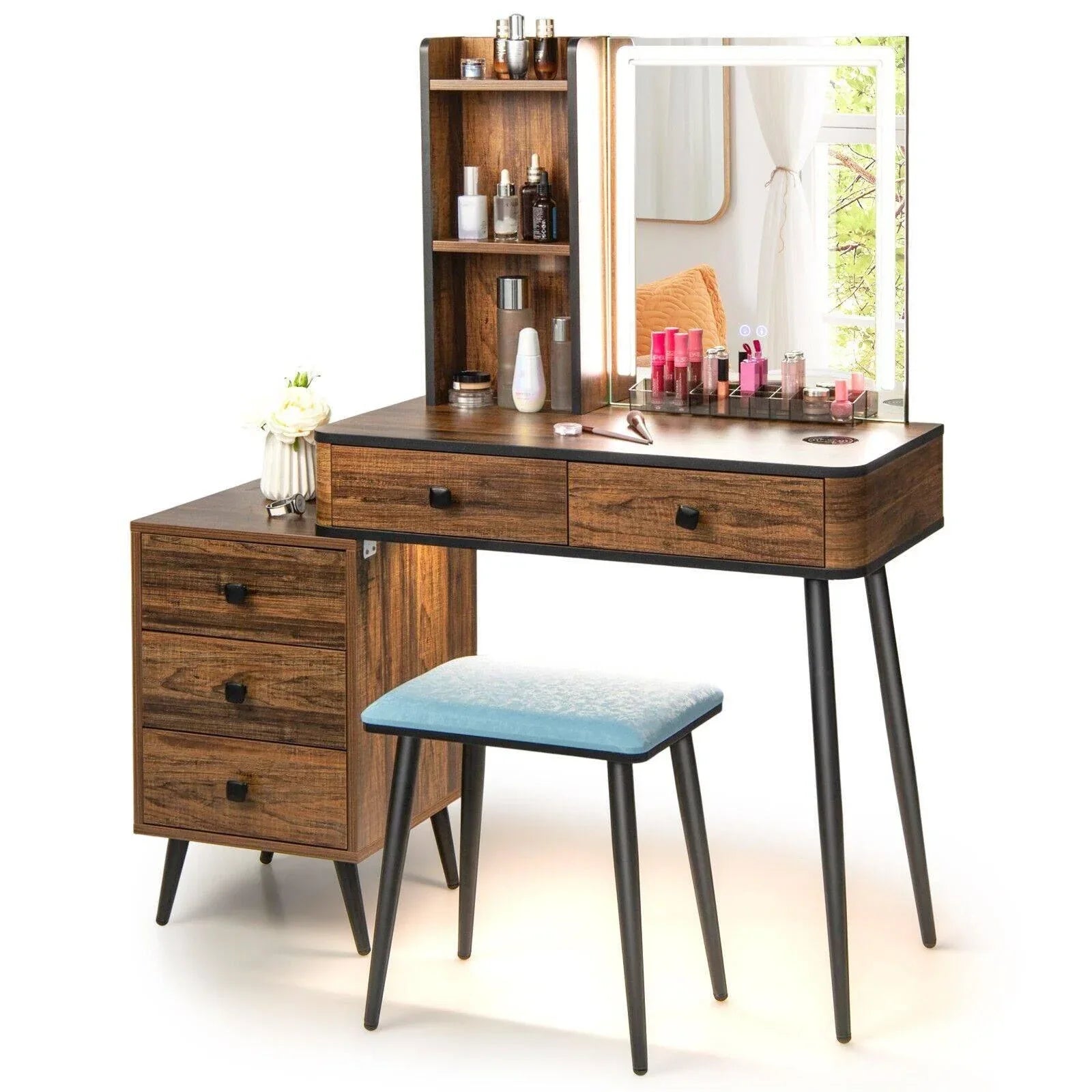 Vanity Table Set with 3 Color LED Lights Mirror and Charging Station ...