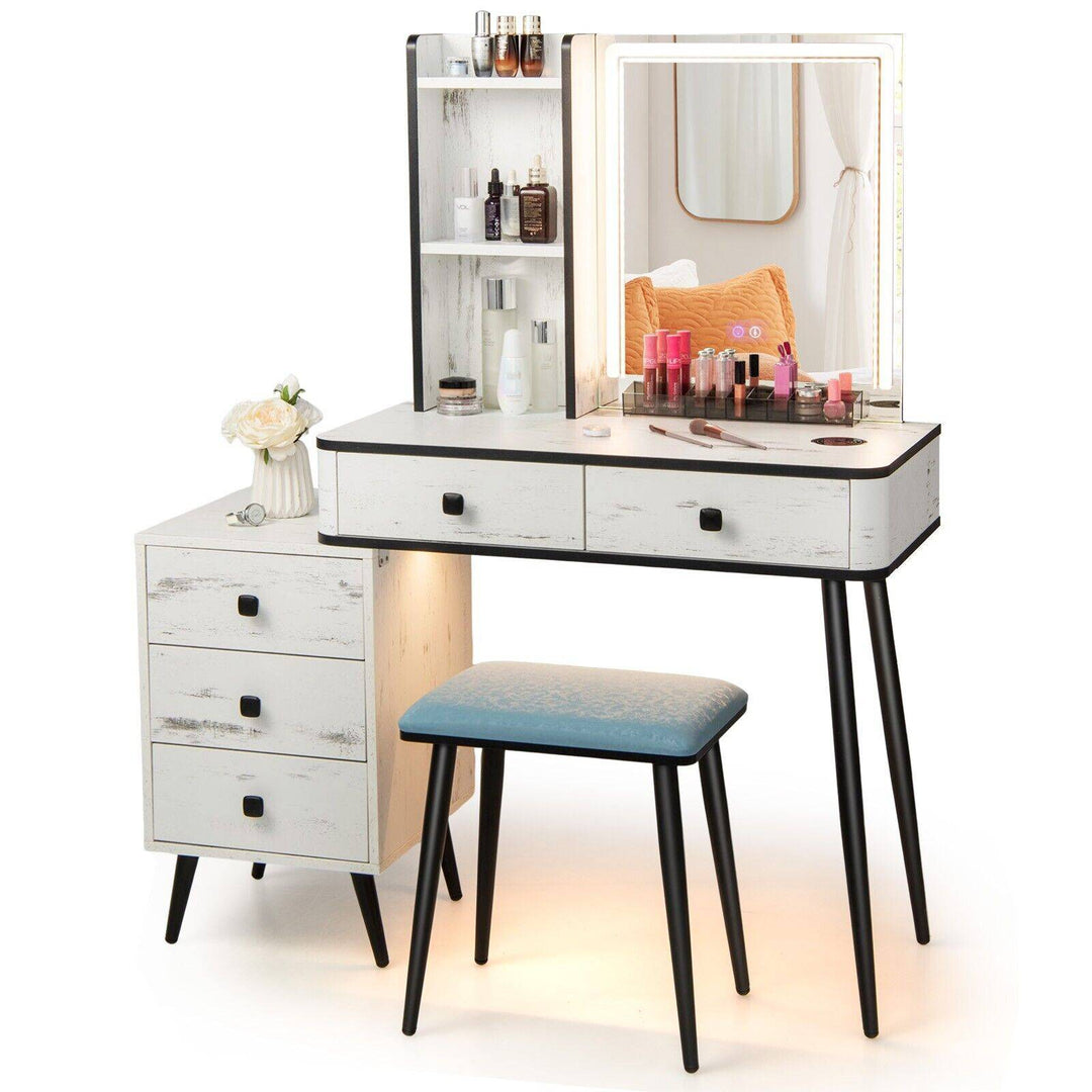 Vanity Table Set with 3 Color LED Lights Mirror and Charging Station - TidySpaces