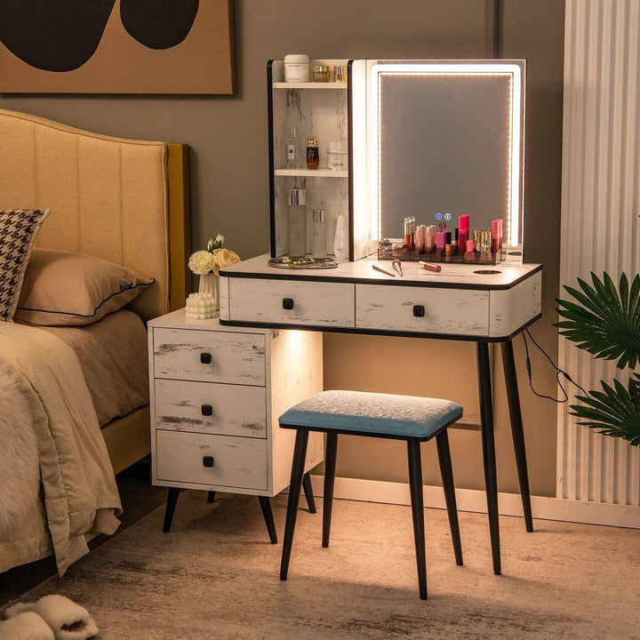 Vanity Table Set with 3 Color LED Lights Mirror and Charging Station - TidySpaces