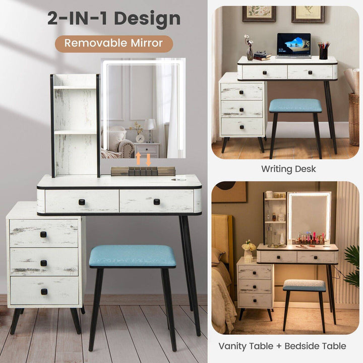 Vanity Table Set with 3 Color LED Lights Mirror and Charging Station - TidySpaces