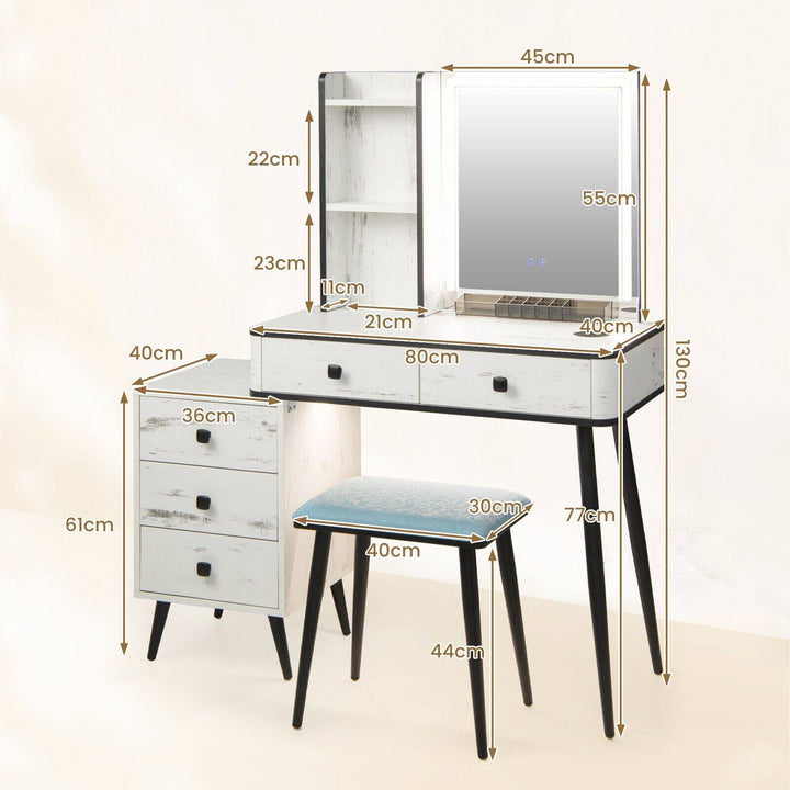 Vanity Table Set with 3 Color LED Lights Mirror and Charging Station - TidySpaces