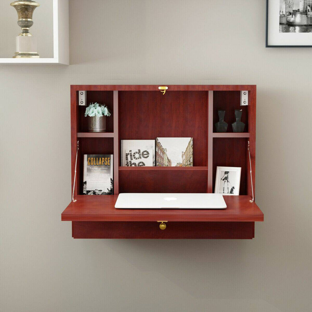 Wall Mounted Wooden Cabinet with Drop Down Desk - TidySpaces