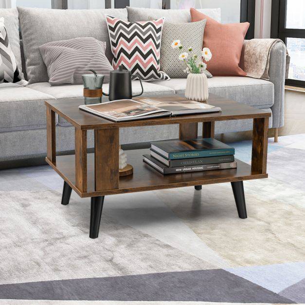 Wooden Industrial Coffee Table with Storage Shelf for Home Office - TidySpaces