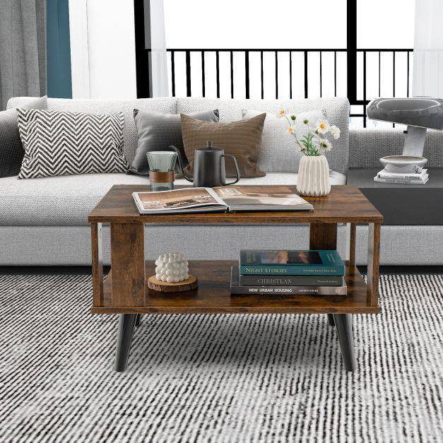 Wooden Industrial Coffee Table with Storage Shelf for Home Office - TidySpaces