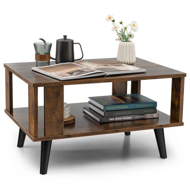 Wooden Industrial Coffee Table with Storage Shelf for Home Office - TidySpaces