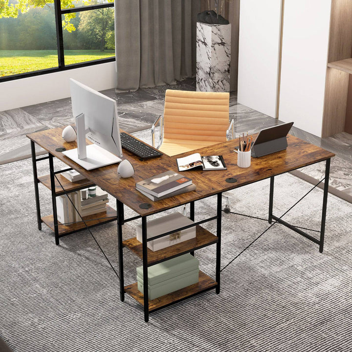 Wooden Industrial L Shaped Desk with Storage Shelves - TidySpaces