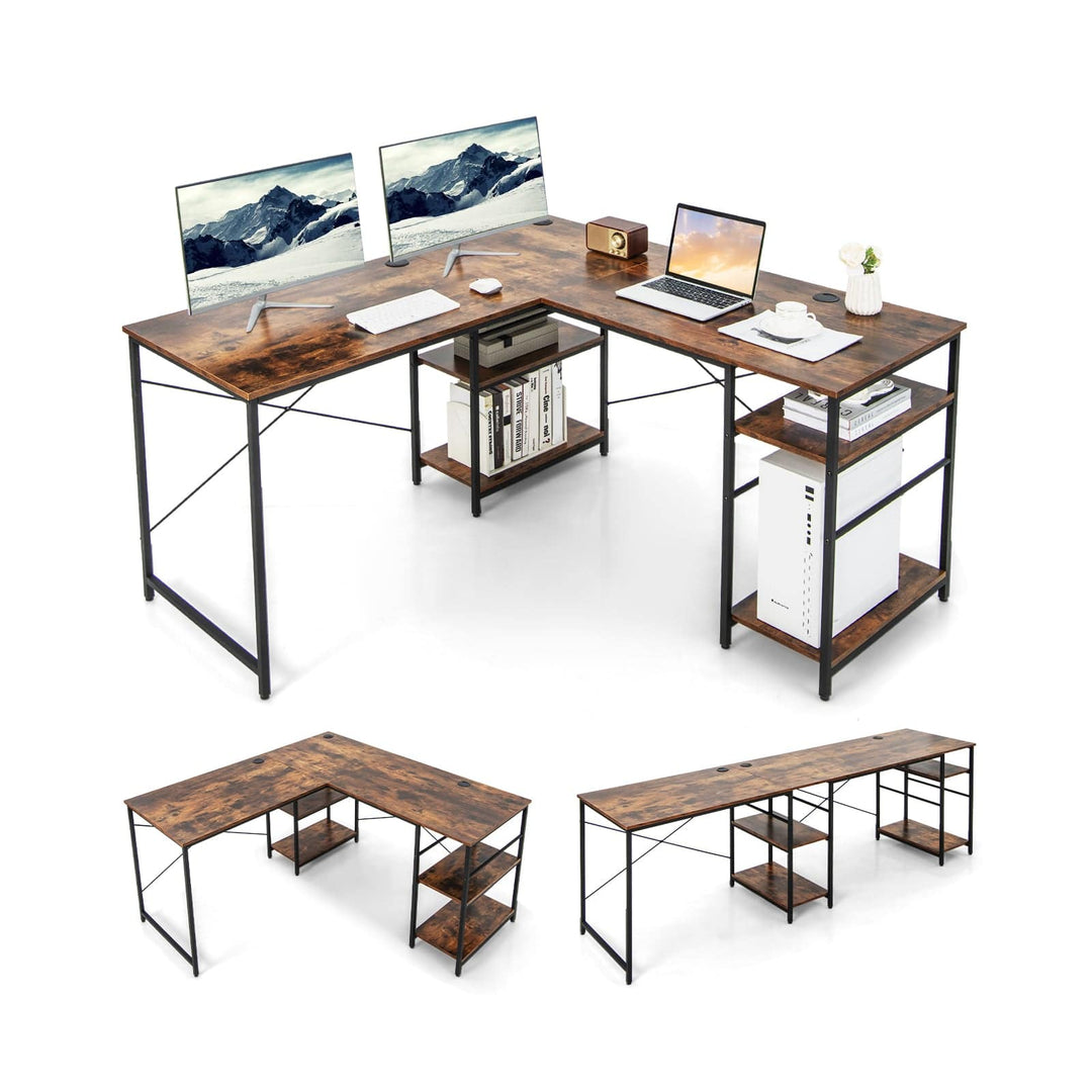 Wooden Industrial L Shaped Desk with Storage Shelves - TidySpaces