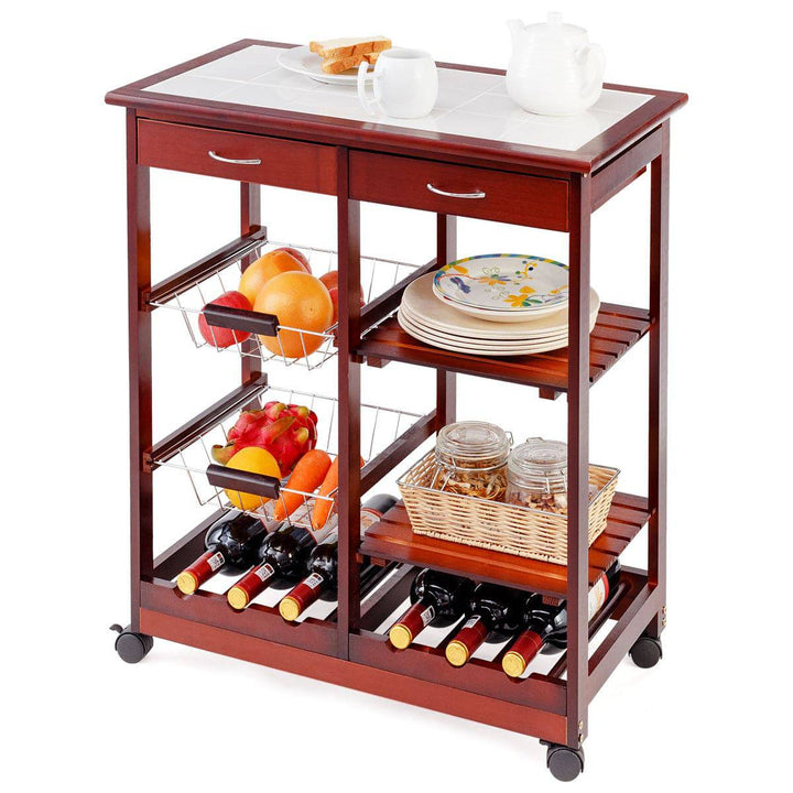 Wooden Rolling Kitchen Cart with Drawers Shelves Wire Baskets Wine Racks - TidySpaces