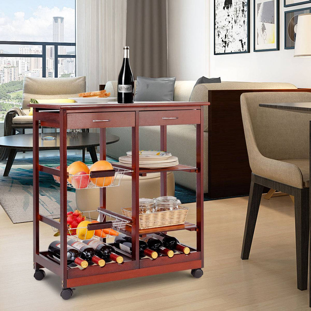 Wooden Rolling Kitchen Cart with Drawers Shelves Wire Baskets Wine Racks - TidySpaces