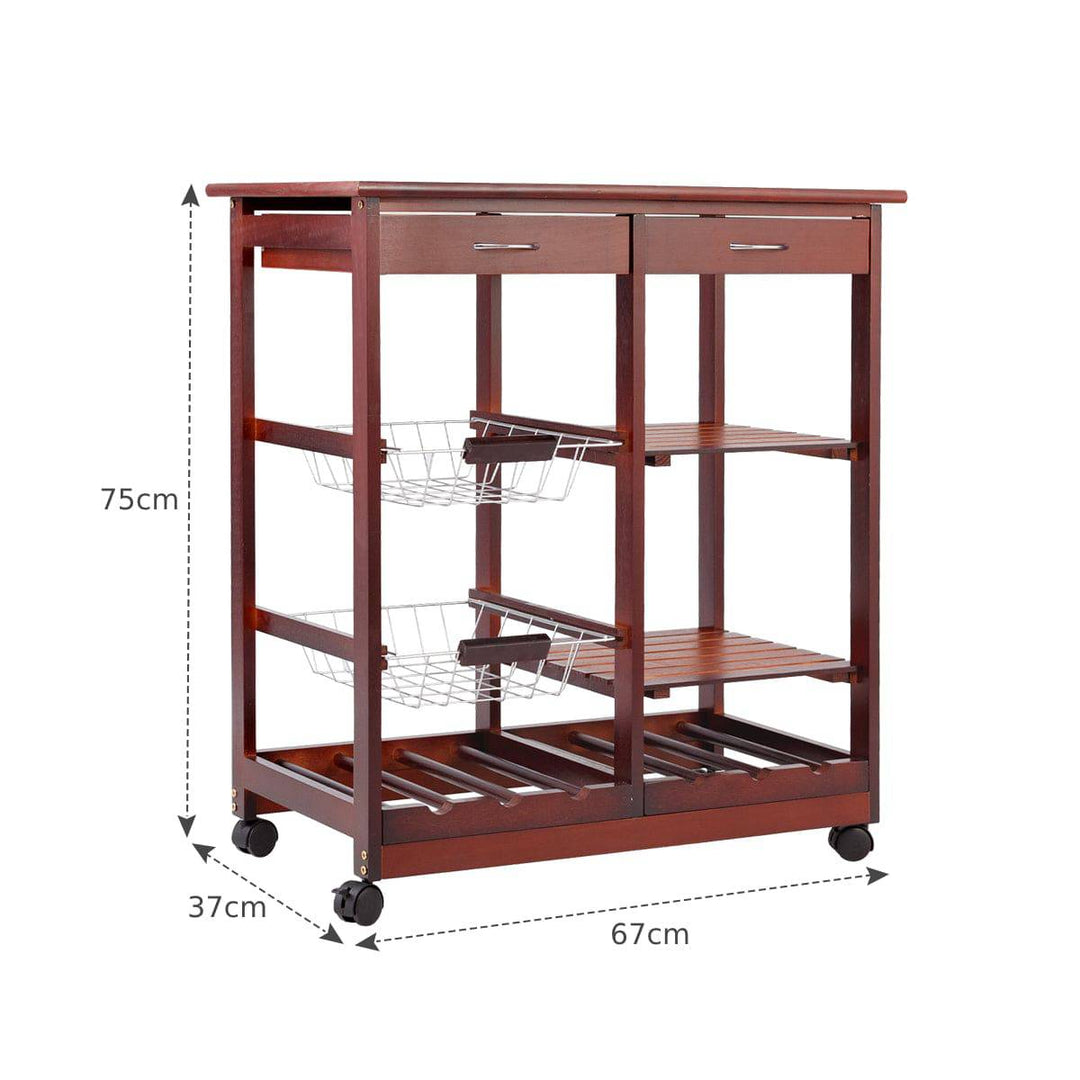 Wooden Rolling Kitchen Cart with Drawers Shelves Wire Baskets Wine Racks - TidySpaces