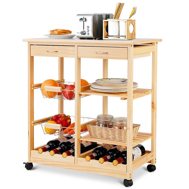 Wooden Rolling Kitchen Cart with Drawers Shelves Wire Baskets Wine Racks - TidySpaces