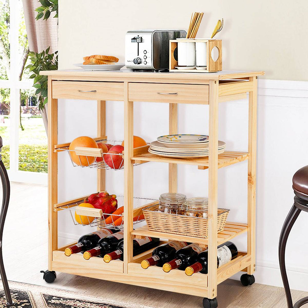 Wooden Rolling Kitchen Cart with Drawers Shelves Wire Baskets Wine Racks - TidySpaces