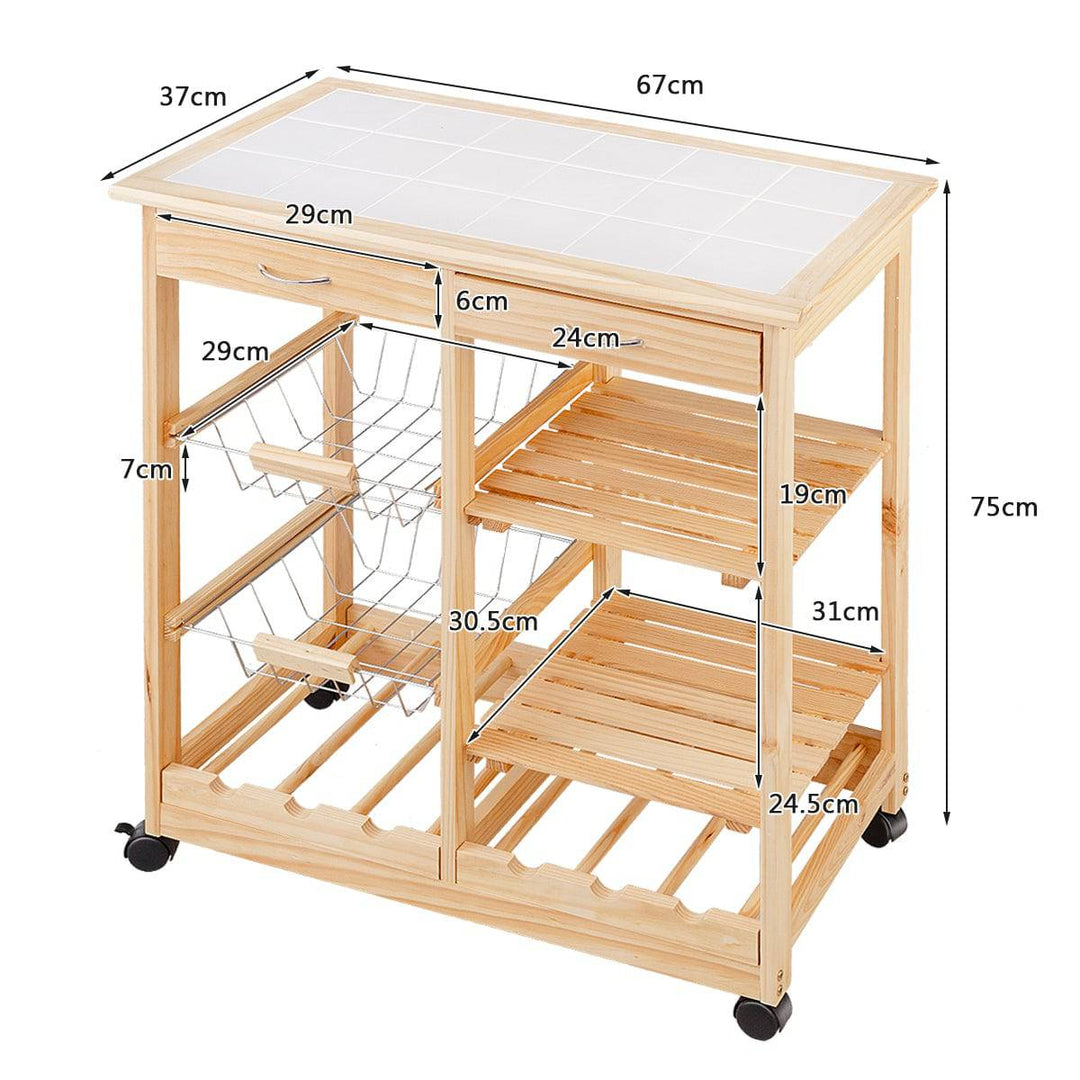 Wooden Rolling Kitchen Cart with Drawers Shelves Wire Baskets Wine Racks - TidySpaces