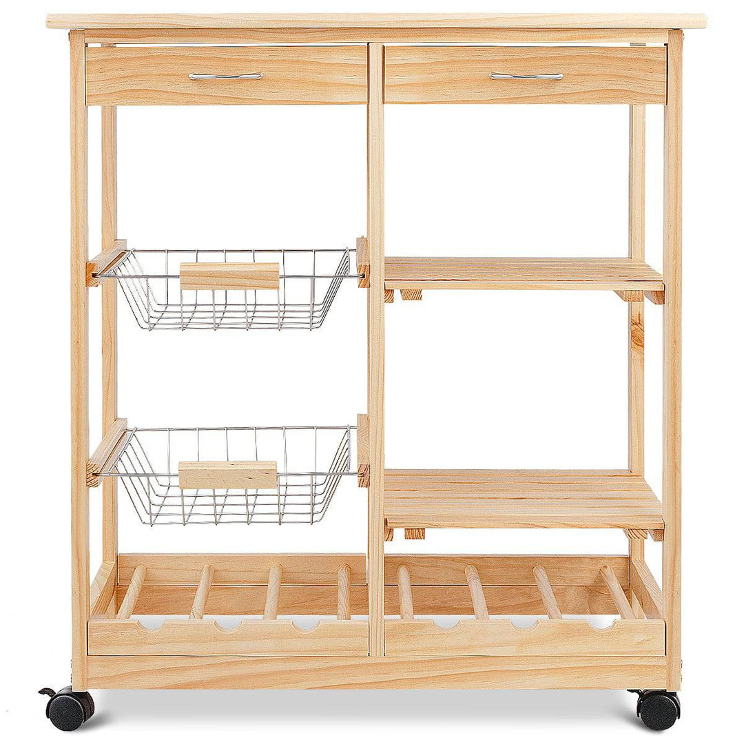 Wooden Rolling Kitchen Cart with Drawers Shelves Wire Baskets Wine Racks - TidySpaces