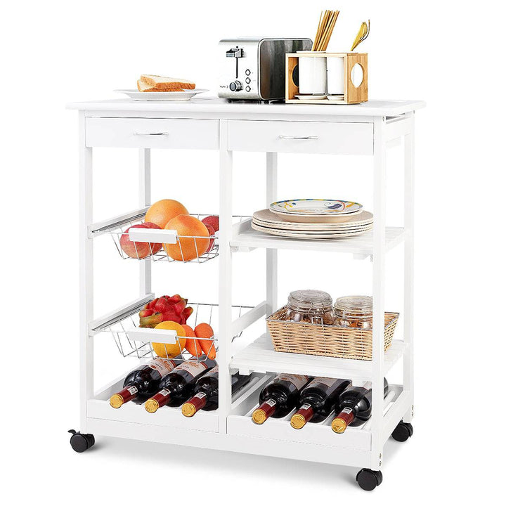 Wooden Rolling Kitchen Cart with Drawers Shelves Wire Baskets Wine Racks - TidySpaces