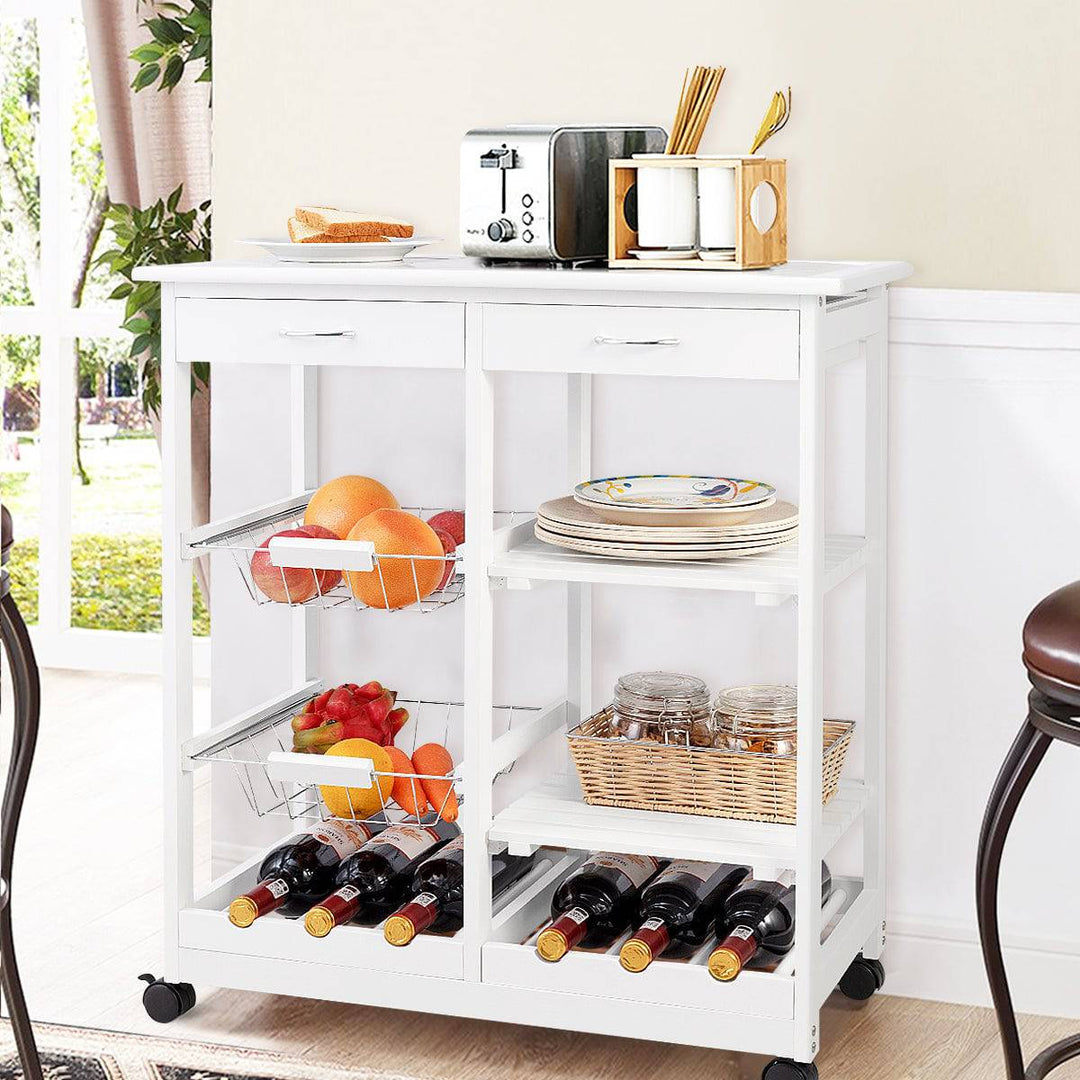 Wooden Rolling Kitchen Cart with Drawers Shelves Wire Baskets Wine Racks - TidySpaces