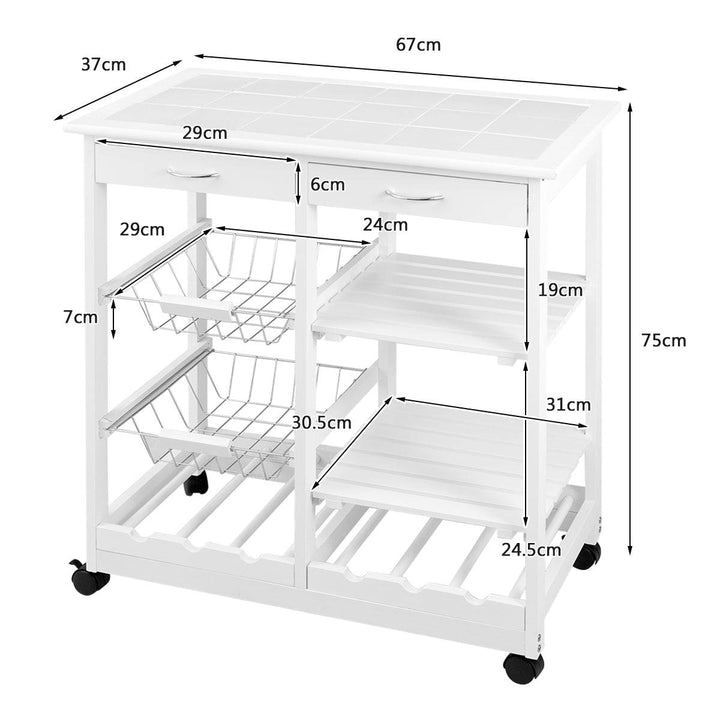 Wooden Rolling Kitchen Cart with Drawers Shelves Wire Baskets Wine Racks - TidySpaces