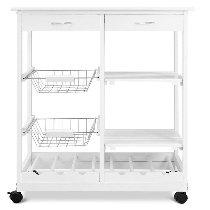 Wooden Rolling Kitchen Cart with Drawers Shelves Wire Baskets Wine Racks - TidySpaces