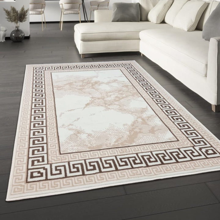 Cream Border Marble Effect Rug Large Soft Oriental Carpet - TidySpaces