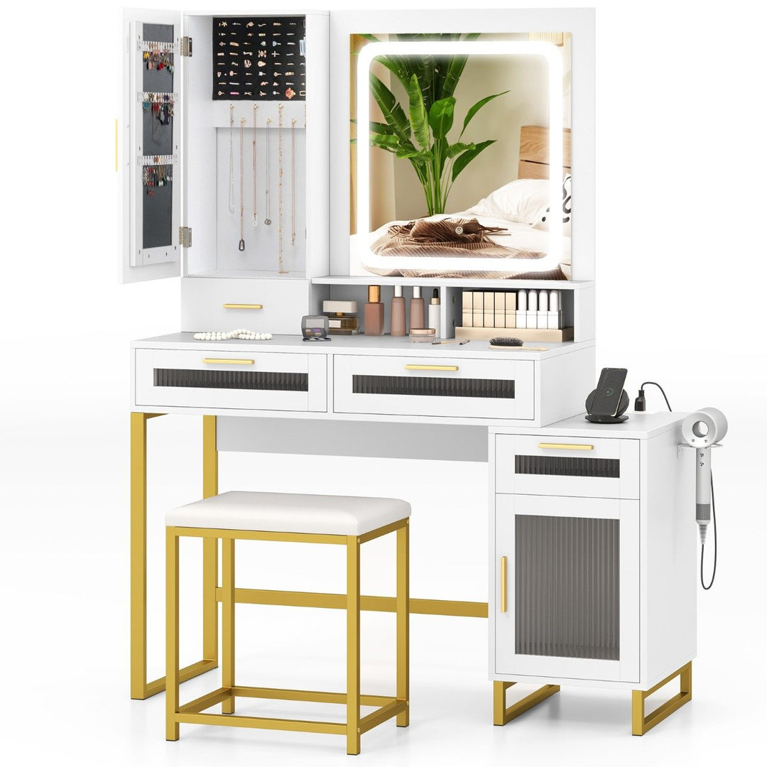 Dressing Table and Chair Set with 3 Lighting Modes and Adjustable Brightness-White - TidySpaces