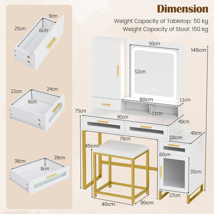 Dressing Table and Chair Set with 3 Lighting Modes and Adjustable Brightness-White - TidySpaces