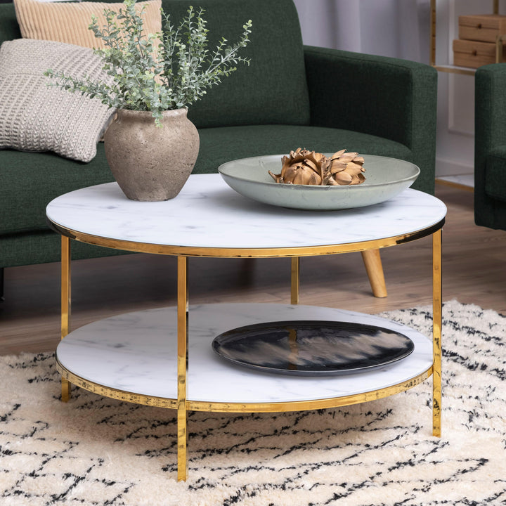 Alisma Round Coffee Table with Marble Effect Top & Gold Legs - TidySpaces