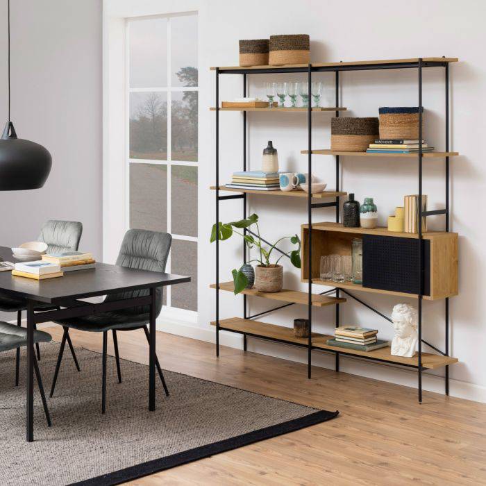 Angus Bookcase with 1 Sliding Door & 5 Shelves in Oak & Black - TidySpaces