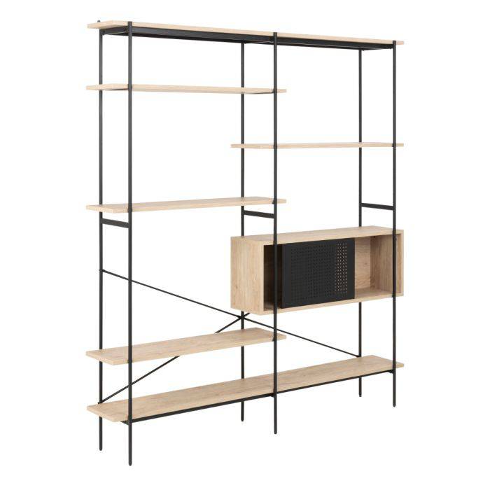 Angus Bookcase with 1 Sliding Door & 5 Shelves in White Oak & Black - TidySpaces