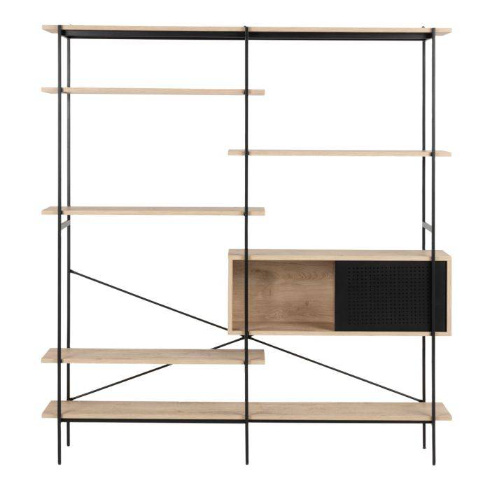 Angus Bookcase with 1 Sliding Door & 5 Shelves in White Oak & Black - TidySpaces