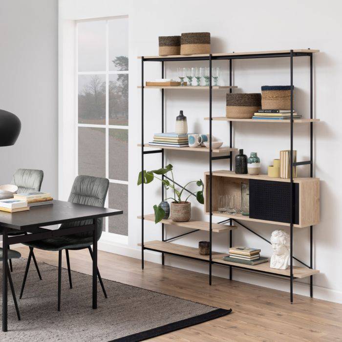 Angus Bookcase with 1 Sliding Door & 5 Shelves in White Oak & Black - TidySpaces