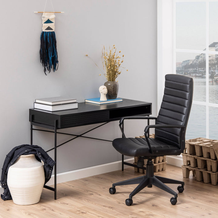 Angus Office Desk with Sliding Door in Black - TidySpaces