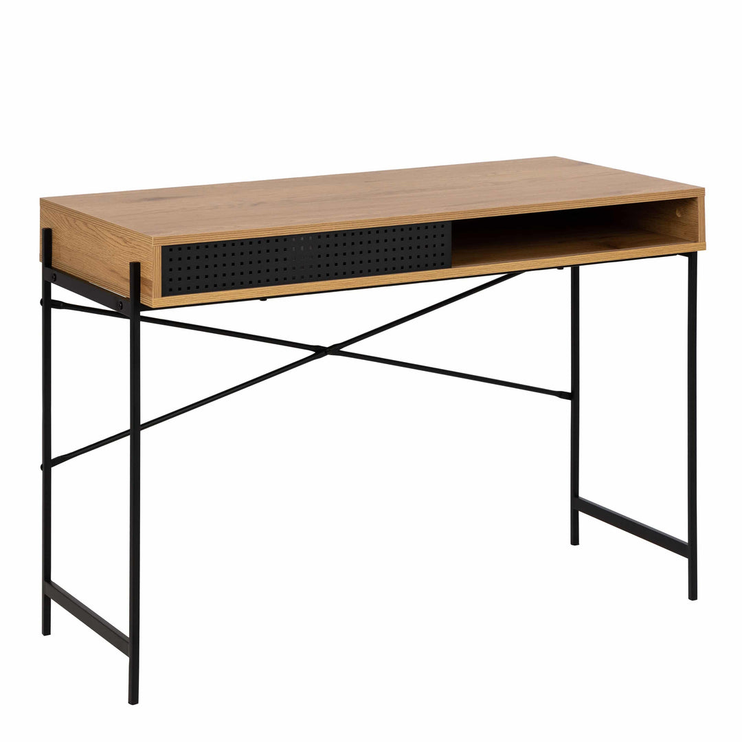 Angus Office Desk with Sliding Door in Oak & Black - TidySpaces