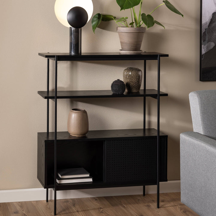 Angus Small Bookcase with 2 Sliding Doors in Black - TidySpaces