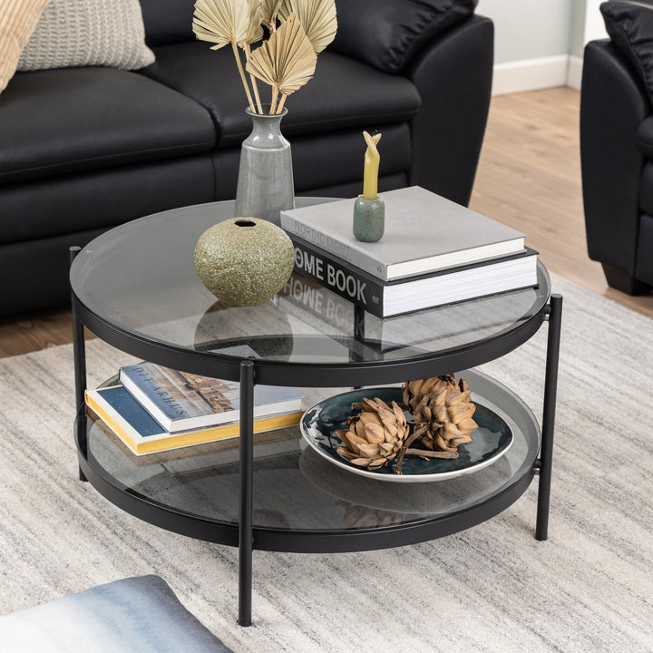 Bayonne Round Coffee Table in Black with Smoked Glass Top - TidySpaces