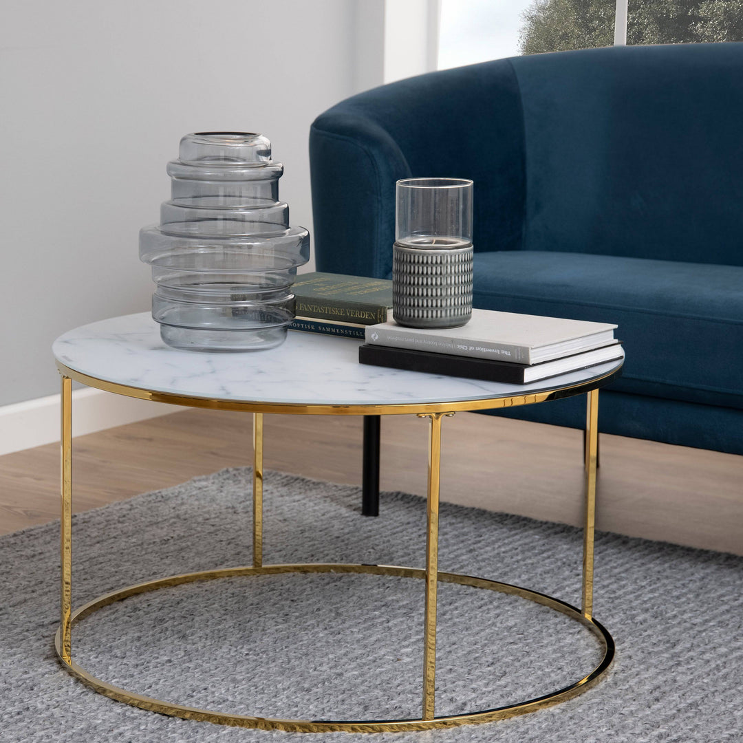 Bolton -A1 Round Coffee Table with White Marble Effect Top & Gold Base - TidySpaces