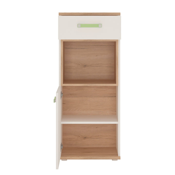 4Kids 1 Door 1 Drawer Narrow Cabinet in Light Oak and white High Gloss (lemon handles) - TidySpaces