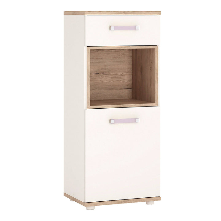 4Kids 1 Door 1 Drawer Narrow Cabinet in Light Oak and white High Gloss (lilac handles) - TidySpaces