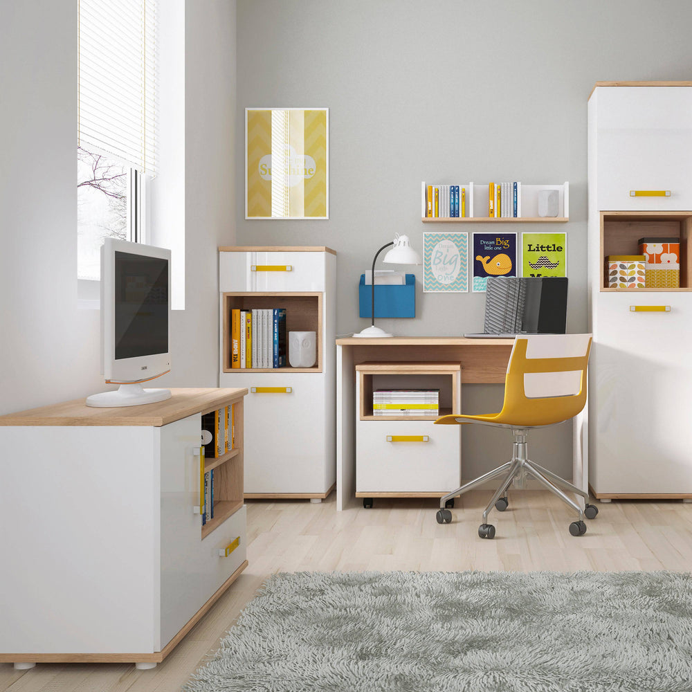 4Kids 1 Door 1 Drawer Narrow Cabinet in Light Oak and white High Gloss (orange handles) - TidySpaces