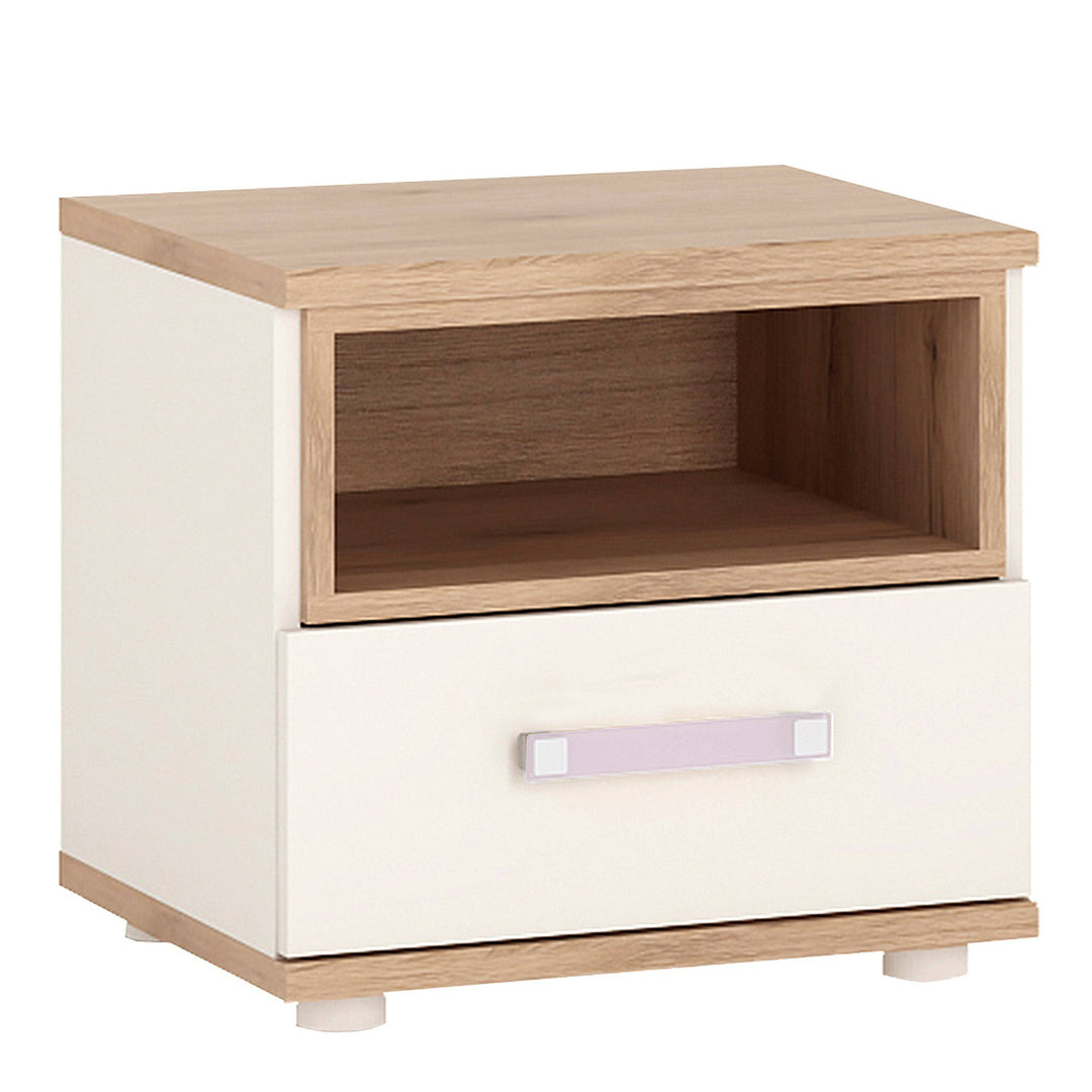 4Kids 1 Drawer bedside Cabinet in Light Oak and white High Gloss (lilac handles) - TidySpaces