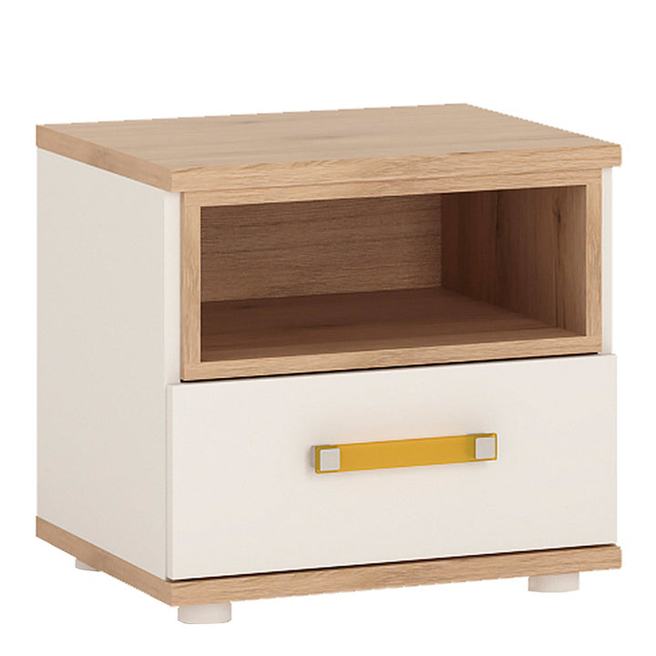 4Kids 1 Drawer bedside Cabinet in Light Oak and white High Gloss (orange handles) - TidySpaces