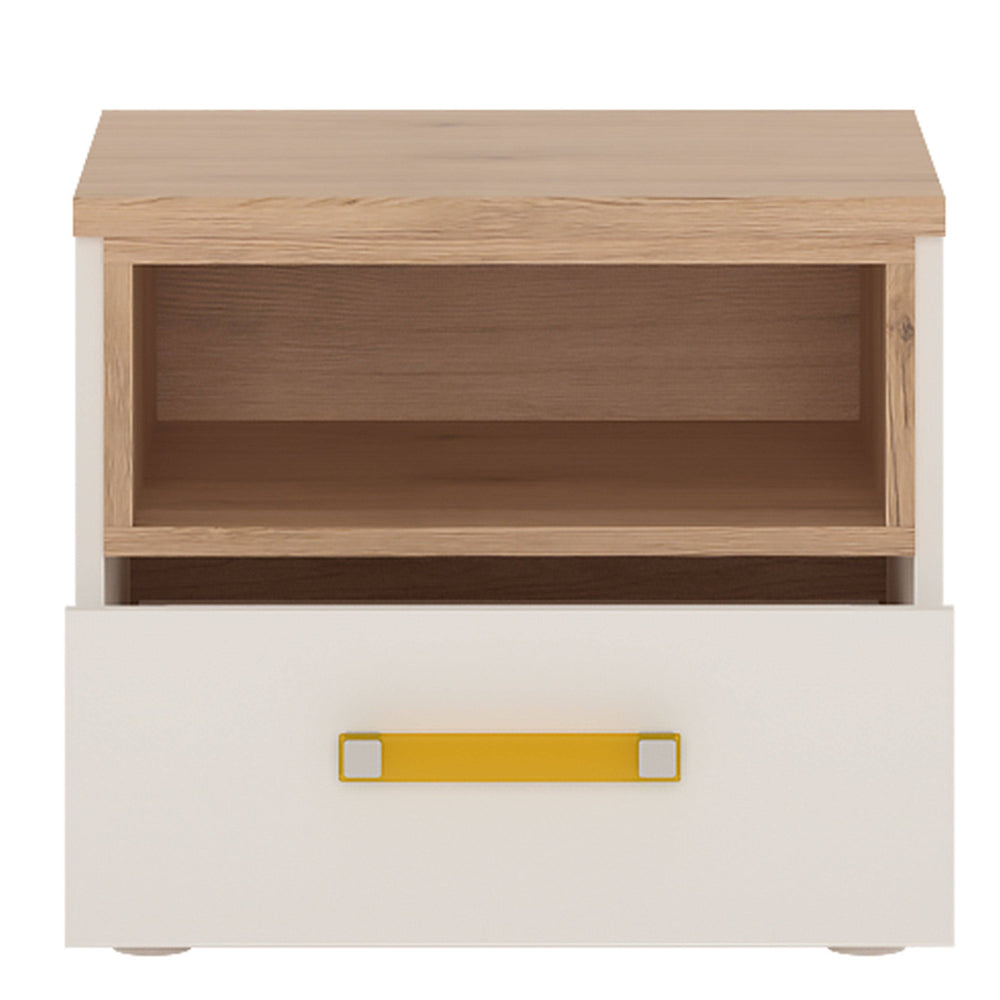 4Kids 1 Drawer bedside Cabinet in Light Oak and white High Gloss (orange handles) - TidySpaces