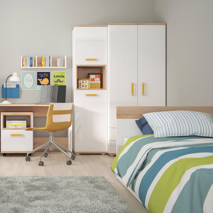 4Kids 1 Drawer bedside Cabinet in Light Oak and white High Gloss (orange handles) - TidySpaces