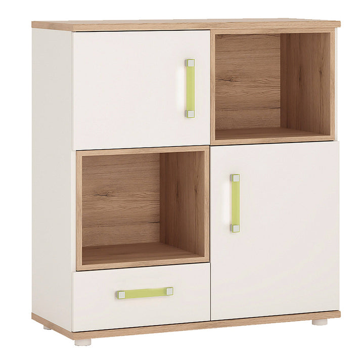 4Kids 2 Door 1 Drawer Cupboard with 2 open shelves in Light Oak and white High Gloss (lemon handles) - TidySpaces