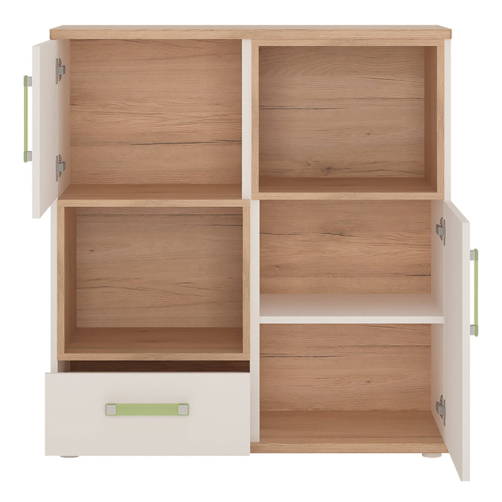 4Kids 2 Door 1 Drawer Cupboard with 2 open shelves in Light Oak and white High Gloss (lemon handles) - TidySpaces