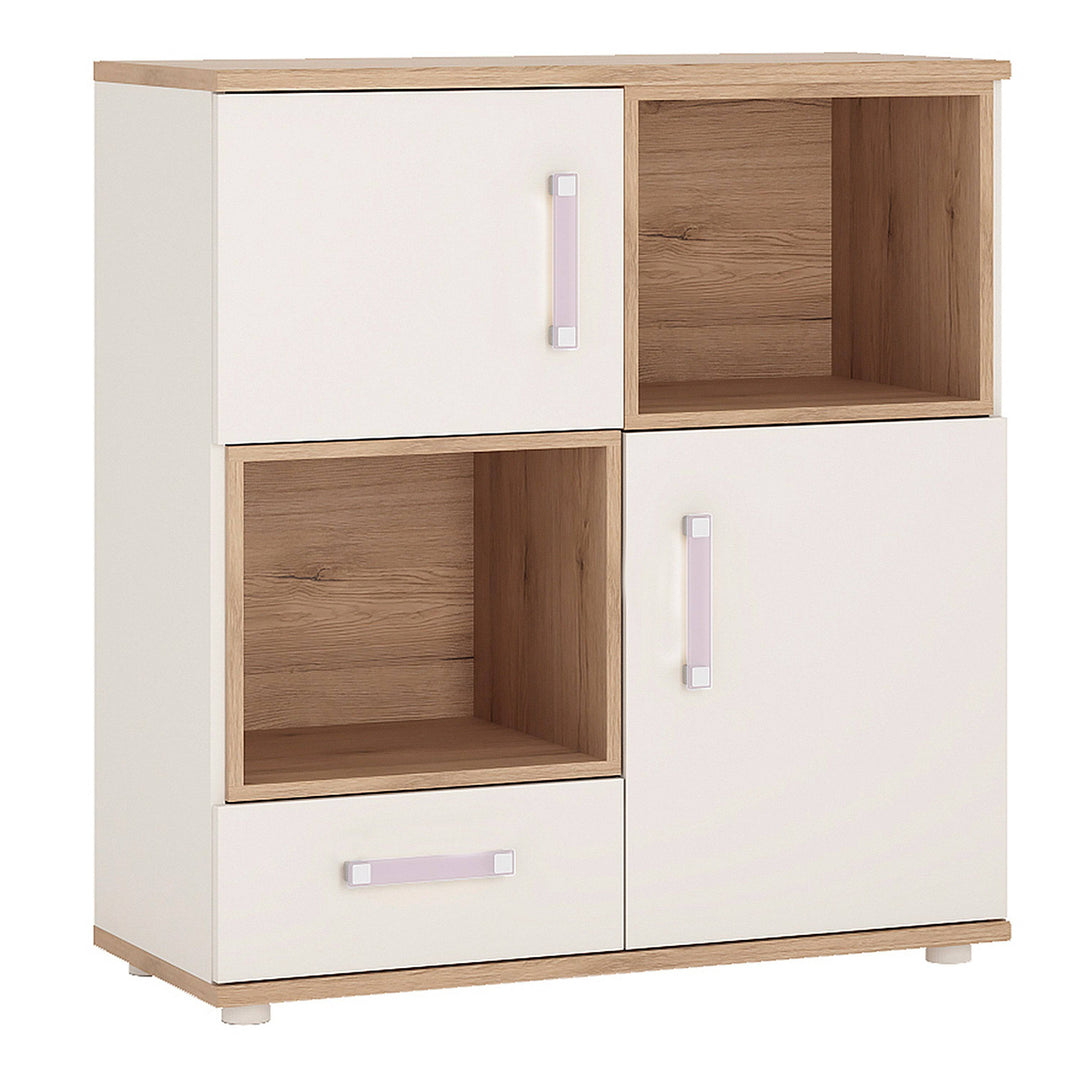 4Kids 2 Door 1 Drawer Cupboard with 2 open shelves in Light Oak and white High Gloss (lilac handles) - TidySpaces