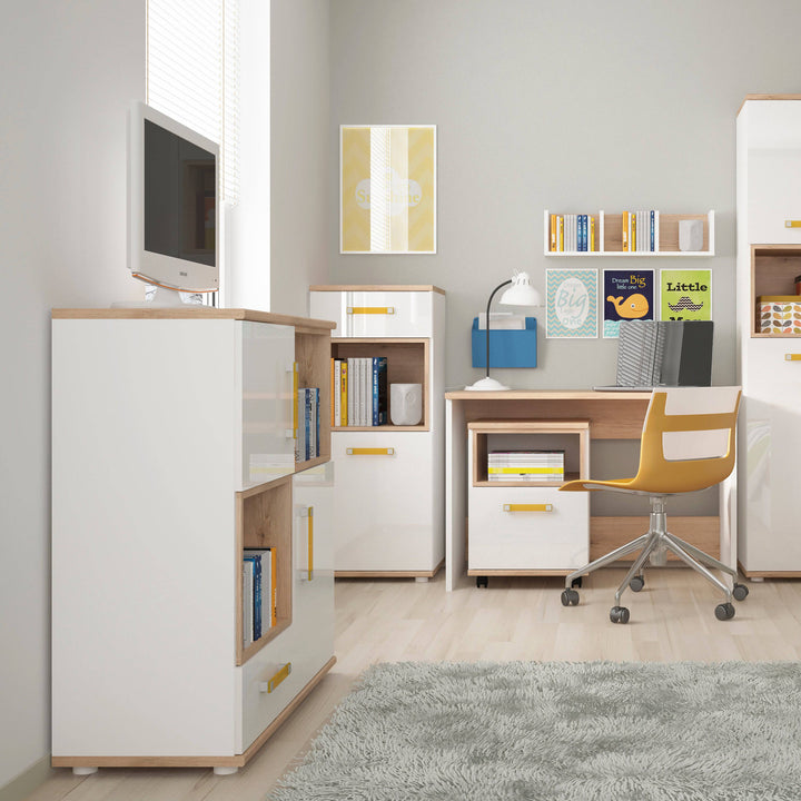 4Kids 2 Door 1 Drawer Cupboard with 2 open shelves in Light Oak and white High Gloss (orange handles) - TidySpaces