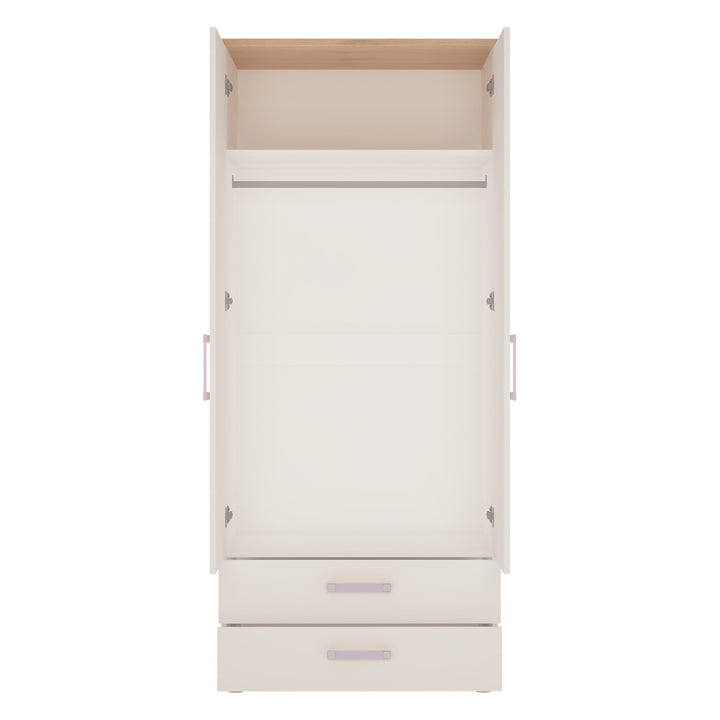4Kids 2 Door 2 Drawer Wardrobe in Light Oak and white High Gloss (lilac handles) - TidySpaces